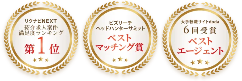 リクナビNEXT紹介求人案件満足度ランキング第1位・ビズリーチ ヘッドハンターサミット ベストマッチング賞・大手転職サイトdoda 6回受賞 ベストエージェント